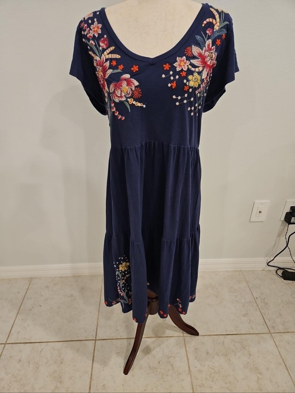 Johnny Was Embroidered Midi Dress Size M Navy Floral Bird Boho Tiered